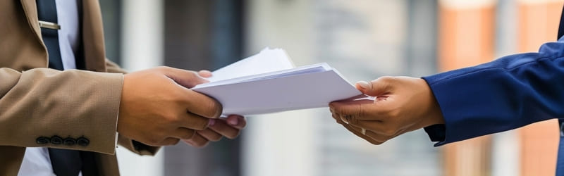 Uma pessoa entregando um envelope com a intimação, em mãos, para outra.